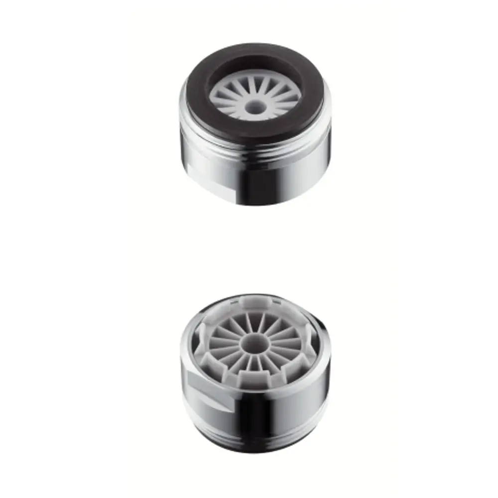 Zwei Strahlformer von Hansgrohe, eine obere und eine untere Ansicht, mit metallischem Gehäuse und innenliegendem Strahlregler.